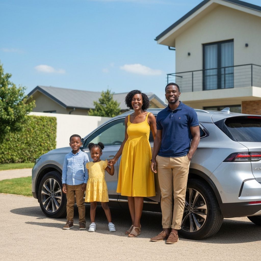Happy family with car